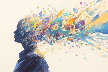 A watercolor painting depicts an abstract man with colorful hair in profile view against a white background. 