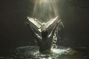 An inspiring illustration of Jesus Christ's baptism by John the Baptist, with the Holy Spirit descending as a dove. - obrazy, fototapety, plakaty