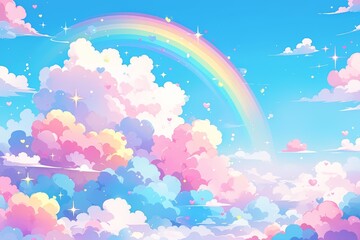 Fototapeta na wymiar A whimsical background featuring fluffy pink and blue cotton candy clouds with a rainbow arching across the sky