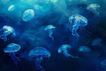 Artistic rendering of a school of jellyfish drifting in the deep blue sea.