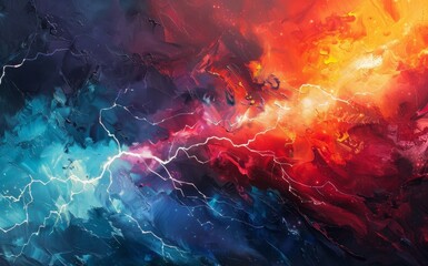 Bold abstract representation of a summer thunderstorm, with dramatic lightning strikes and intense, moody colors.