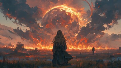 A woman with long hair stands in the foreground, facing away from us and looking at an apocalyptic landscape of fire and smoke and explosions. 