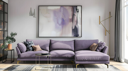living room interior with a lilac sofa and an abstract picture on the wall