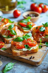 Fototapeta na wymiar Close-up of smoked salmon bruschetta with fresh ingredients, ideal for culinary themes or recipe websites.