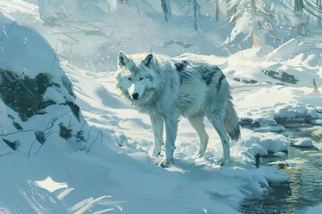 Concept art of an arctic wolf in a snowy landscape.