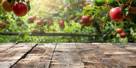 Empty wooden kitchen table over apple fruit garden background