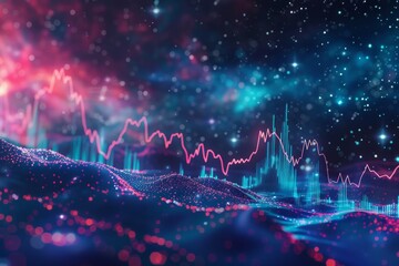 Cosmic-themed stock market visualization with starry background and constellation-like graph lines. - obrazy, fototapety, plakaty