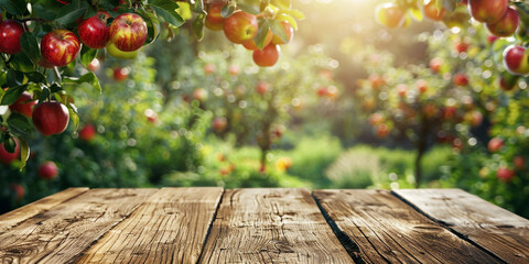 Empty wooden kitchen table over apple fruit garden background