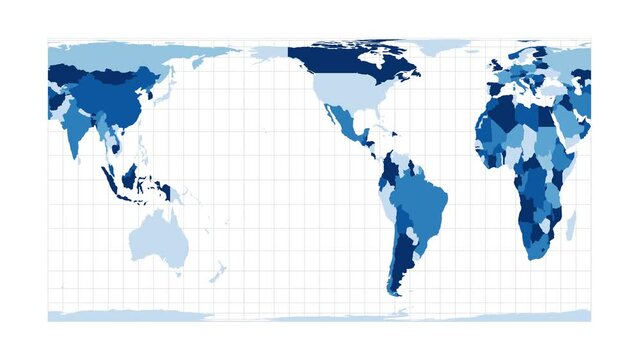 World Map. Cylindrical equal-area projection. Loopable rotating map of the world. Stylish footage.