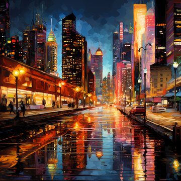 Nighttime cityscape with colorful reflections.