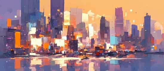 Foto op Plexiglas Abstract cityscape with tall buildings, painted in vibrant colors, reflecting on water, capturing the energy of urban life © Photo And Art Panda