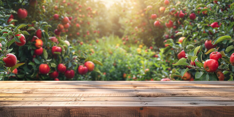 Empty wooden kitchen table over apple fruit garden background - obrazy, fototapety, plakaty