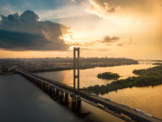 Aerial view of sunset, bridge over the river, Kyiv, Ukraine - 763339999