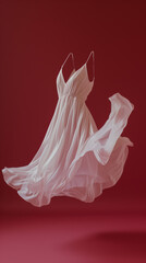 Light pink or white wedding or ball gown dress flying in the air red background vertical