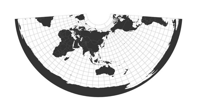 World map. Conic equidistant projection. Animated projection. Loopable video.