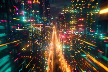 Electric abstract visualization of a city's nightlife, with dazzling lights and energetic urban rhythm.
