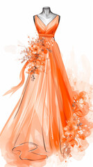 Drawing sketch mannequin wearing peach color dress with flowers on white background for fashion design