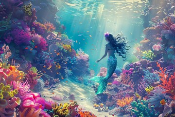 Enchanting mermaid swimming in a vibrant coral reef, underwater fantasy scene, digital illustration