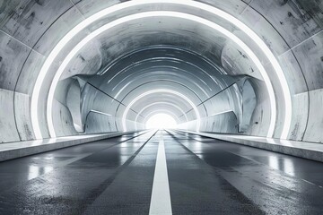 Futuristic 3D architectural tunnel stretches into distance on empty highway, abstract road concept