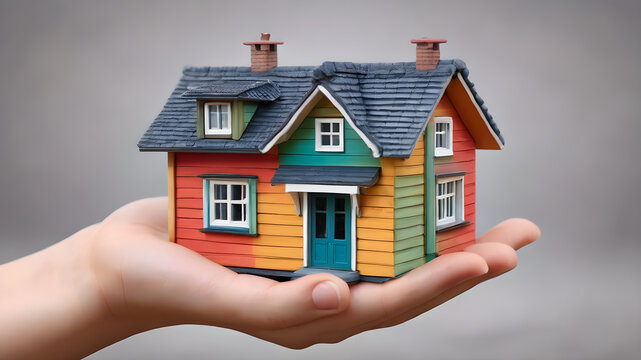 Hand holding model house. Property home and real estate insurance concept. miniature model house. Mortgage concep. AI generated image, ai..