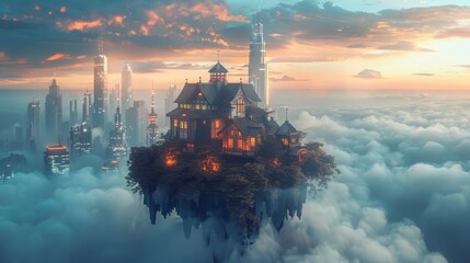 An enchanting Victorian house perched on a floating island hovers above the clouds as the city skyline glows at sunrise. - obrazy, fototapety, plakaty