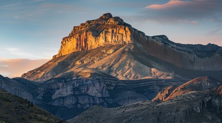 A mountain peak at sunrise, with the sun casting warm hues over its rugged surface and surrounding landscape Generative AI - obrazy, fototapety, plakaty