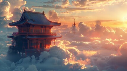 The warm hues of sunset encase a traditional pagoda, set high above a sea of clouds against a backdrop of a gentle sky. - obrazy, fototapety, plakaty