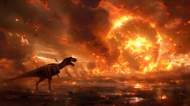 The scene of dinosaur extinction due to a meteor impact, depicting a fiery sky and fleeing dinosaurs. Concept Prehistoric Mass Extinction, Meteor Impact, Fleeing Dinosaurs, Fiery Sky, Dramatic Scene