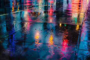Reflective abstract composition of a city after rain, with wet streets reflecting lights and a palette of cool, cleansing tones. - obrazy, fototapety, plakaty