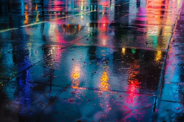 Foto op Aluminium Reflective abstract composition of a city after rain, with wet streets reflecting lights and a palette of cool, cleansing tones. © furyon