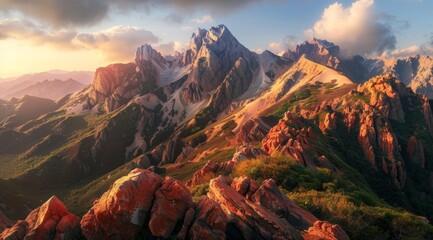 sunset light shines on the peaks from a wideangle lens perspective The magnificent scenery creates an atmosphere full of mystery and grandeur Generative AI - obrazy, fototapety, plakaty