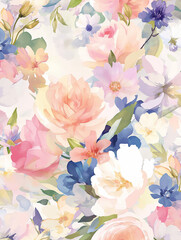 A delicate watercolor floral pattern with soft pink, blue, and yellow blossoms.