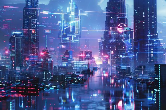 Futuristic cityscape with holographic interface elements, digital art