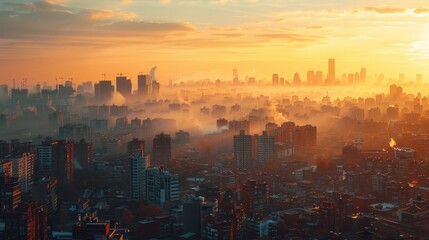 Early morning light bathes a dense cityscape in a warm glow, with high-rise buildings emerging from the soft haze of sunrise.