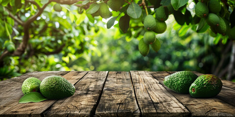 Empty wooden kitchen table over avocado fruit garden background