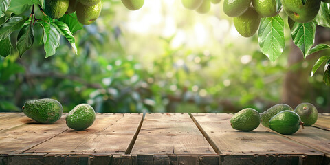 Empty wooden kitchen table over avocado fruit garden background