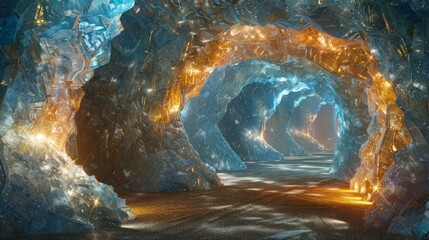 Mystical crystal cave glowing with magical blue and golden lights, creating a captivating fantasy scene. - obrazy, fototapety, plakaty
