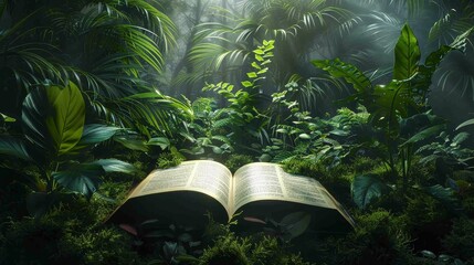 An open book lies in a tranquil jungle, inviting stories amidst the vibrant greenery and soft light filtering through. - obrazy, fototapety, plakaty