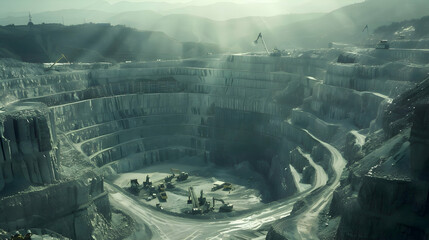 A vast open pit stretching into the horizon, its walls towering high under the bright sunlight, with heavy machinery working at the bottom