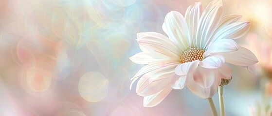 A close-up of a delicate daisy with petals in soft pastel shades, set against a blurred natural background,