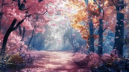 A dreamy forest path surrounded by pastel-colored foliage, inviting a peaceful walk in nature, - obrazy, fototapety, plakaty