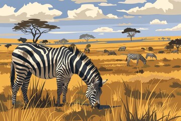 Vector illustration of a zebra herd grazing on the African plains.