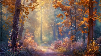 A dreamy forest path surrounded by pastel-colored foliage, inviting a peaceful walk in nature,