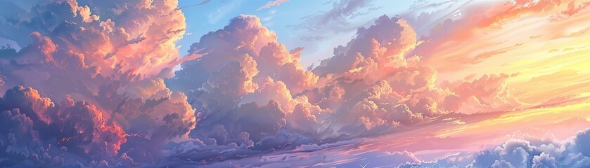 A dreamy pastel sky filled with fluffy clouds at sunset, offering a moment of reflection and calm, - obrazy, fototapety, plakaty