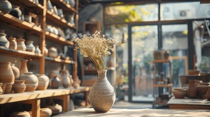 A delicate arrangement of dried flowers stands in a handcrafted pottery vase, showcased in a sunlit artisanal pottery studio. - obrazy, fototapety, plakaty
