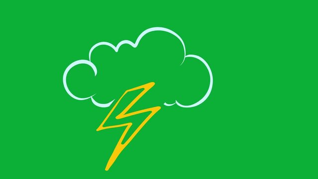 Hand drawn animated winter cloud with lightning sign isolated on green chroma key screen.