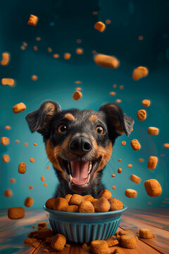 funny crazy cartton dog in front of bowl of croquettes.Funny