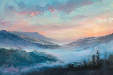 Fototapeta premium A serene pastel sunrise over a misty mountain landscape, capturing the first light of day,
