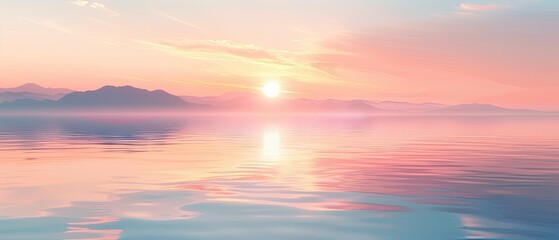 Naklejka na ściany i meble A serene pastel sunset over a calm lake, reflecting the soft hues of the sky in the water,