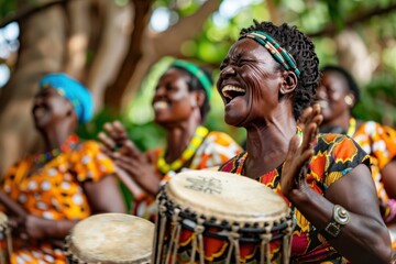 A group of African women are playing traditional drums and singing